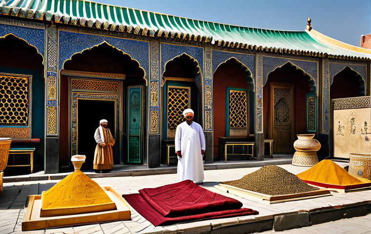 **Prompt 1: Echoes of the Golden Silk Road**
A vibrant historical scene on the ancient Silk Road in Kazakhstan, showcasing a diverse group of merchants, scholars, and artisans, all in modest, richly textured traditional attire from various cultures (Central Asian, Chinese, Persian, Arab), interacting in a bustling market square. In the background, architectural elements inspired by the Khoja Ahmed Yasawi Mausoleum rise majestically, signifying ancient knowledge and trade. Subtle hints of golden artifacts are visible on a merchant's stall. Professional photography, soft natural light, perfect anatomy, correct proportions, natural poses, well-formed hands, proper finger count, natural body proportions, high quality, safe for work, appropriate content, fully clothed, modest, family-friendly.