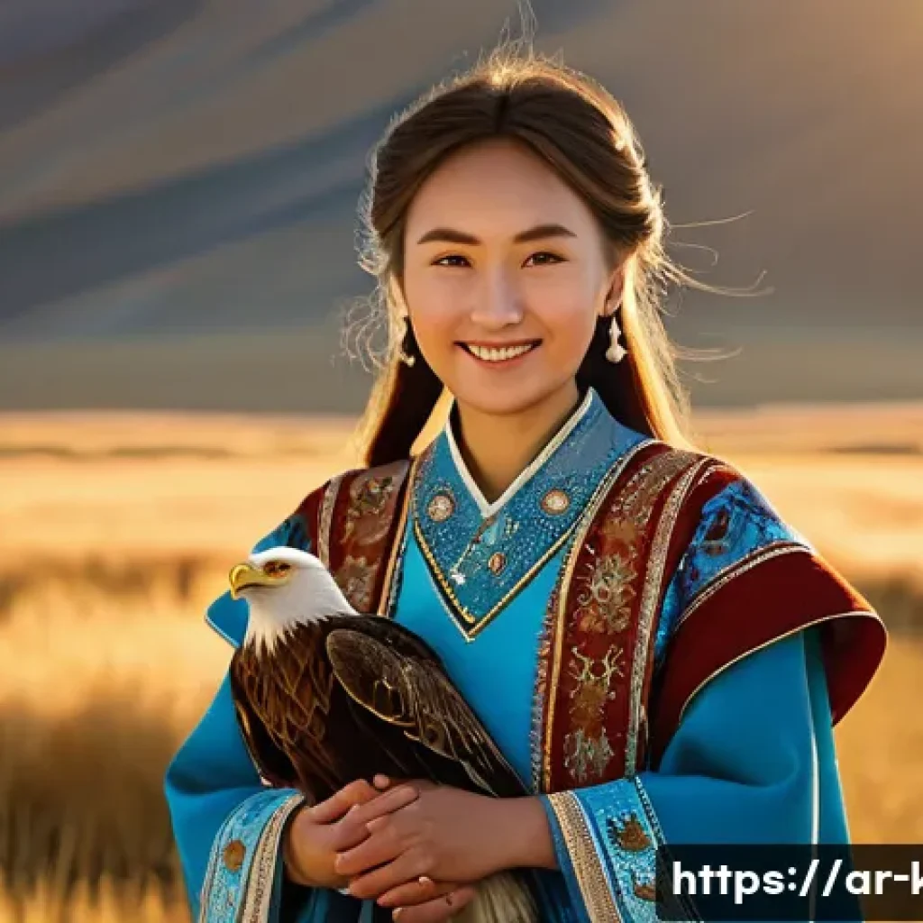 카자흐스탄에서 핸드폰 데이터 사용법 - **Prompt:** A young Kazakh girl in traditional clothing, wearing a warm smile, standing in a vast, g...