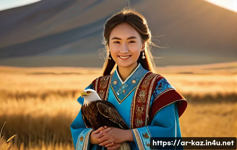 카자흐스탄에서 핸드폰 데이터 사용법 - **Prompt:** A young Kazakh girl in traditional clothing, wearing a warm smile, standing in a vast, g...