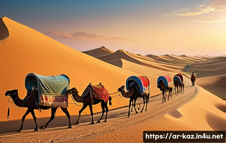카라칼파크스탄과 카자흐스탄의 관계 - **Prompt:** "A vibrant scene depicting an ancient Silk Road caravan making its way through a vast, a...