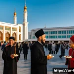 카자흐스탄의 민족 구성과 인구 통계 - **Prompt:** "A vibrant, panoramic view of a bustling public square in Almaty, Kazakhstan, at golden ...