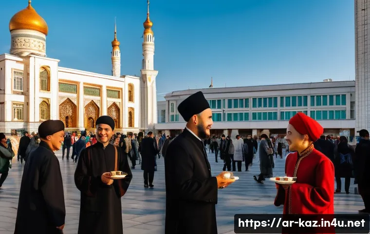 카자흐스탄의 민족 구성과 인구 통계 - **Prompt:** "A vibrant, panoramic view of a bustling public square in Almaty, Kazakhstan, at golden ...