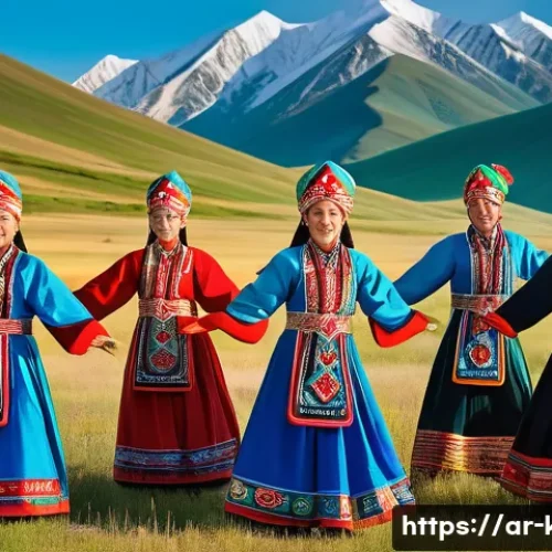 카자흐스탄 전통 춤의 종류 - A vibrant scene featuring traditional Kazakh dancers performing the "Kuy" dance from northern Kazakh...