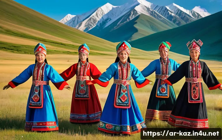 카자흐스탄 전통 춤의 종류 - A vibrant scene featuring traditional Kazakh dancers performing the "Kuy" dance from northern Kazakh...