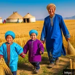 카자흐스탄의 농업과 주요 작물 - A vibrant rural Kazakh village during harvest season, showcasing families in traditional clothing wo...