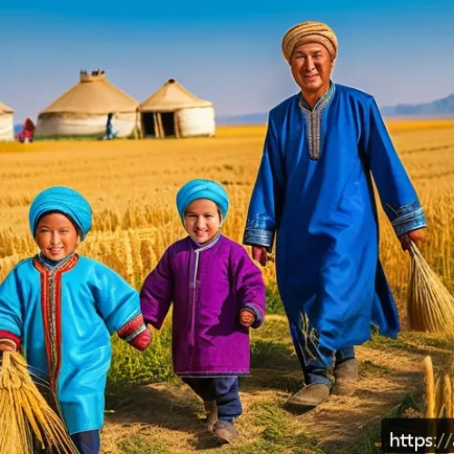 카자흐스탄의 농업과 주요 작물 - A vibrant rural Kazakh village during harvest season, showcasing families in traditional clothing wo...