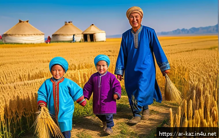 카자흐스탄의 농업과 주요 작물 - A vibrant rural Kazakh village during harvest season, showcasing families in traditional clothing wo...